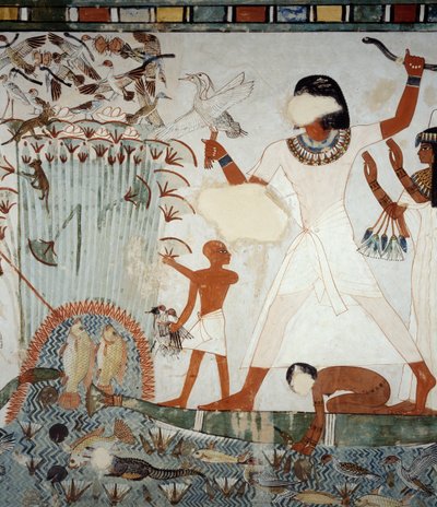 Menna og hans familie fisker og fugler i Nilens myrer, detaljer fra fresker i kapellet til Mennas grav, Sheikh Abd el Qurnah Necropolis, Luxor, Theben (Unescos verdensarvliste av Egyptian 18th Dynasty