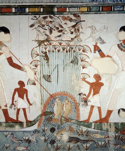 Menna og hans familie fisker og fugler i Nilens myrer, detaljer fra fresker i kapellet til Mennas grav, Sheikh Abd el Qurnah Necropolis, Luxor, Theben (Unescos verdensarvliste av Egyptian 18th Dynasty