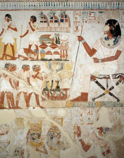 Menna fører tilsyn med arbeiderne sine i felt, detaljer fra fresker i vestibylen til Mennas grav, Sheikh Abd el Qurnah Necropolis, Luxor, Theben (Unescos verdensarvliste av Egyptian 18th Dynasty