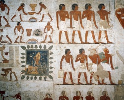 Metallbehandling og mursteinsfremstilling, detaljer fra fresker i Tomb of Rekhmire, Sheikh Abd el Qurnah Necropolis, Luxor, Theben (Unescos verdensarvliste av Egyptian 18th Dynasty