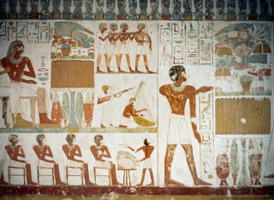 Musikere, detaljer fra fresker i Tomb of Userhat, Sheikh Abd el Qurnah Necropolis, Luxor, Theben (Unescos verdensarvliste av Egyptian 18th Dynasty