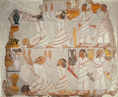 Del av en malt gravvegg som viser asiatiske hyllestbærere, ca. 1400 f.Kr. (malt gips på stein) av Egyptian 18th Dynasty