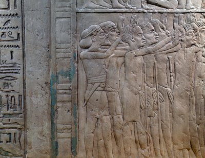 Prinser av Nubia, Libya, Syria og Palestina kommer for å hylle kongen, basrelieff i kalkstein, fra Memphite Tomb of Horemheb, ved Saqqara, Egyptian Civilization, New Kingdom, Dynasti XVIII av Egyptian 18th Dynasty
