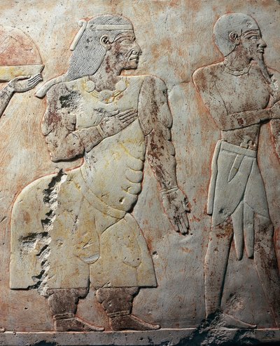 Queen of Punt, detaljscene som skildrer ekspedisjonen til Land of Punt, malt relieff, kolonnade av Punt, likhustempelet til Hatshepsut, Deir el-Bahari, Necropolis of Theben (Unescos verdensarvliste av Egyptian 18th Dynasty