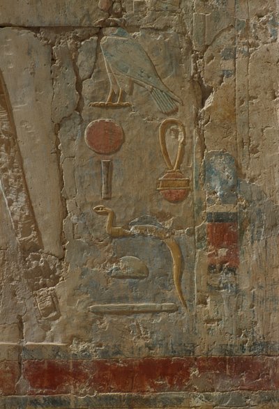 Relieff som viser Horus, kapellet til gudinnen Hathor, fra liktempelet i Hatshepsut (ca. 1503-1482 f.Kr.) New Kingdom (malt kalkstein) av Egyptian 18th Dynasty