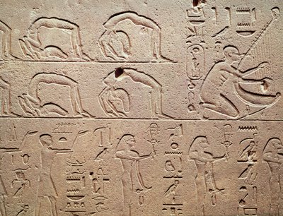 Relieff som viser akrobater og en harpist, fra Karnak, New Kingdom av Egyptian 18th Dynasty