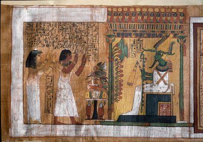 Den avdøde Kha og hans kone Merit tilber Osiris, herre over livet etter døden - Papyrus fra Book of the Dead, fra begravelseskammeret til arkitekten Kha av Egyptian 18th Dynasty