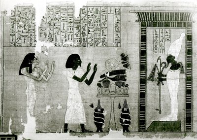 Den avdøde akkompagnert av søsteren går for å hylle Osiris, detalj fra Book of the Dead, New Kingdom (papyrus) av Egyptian 18th Dynasty