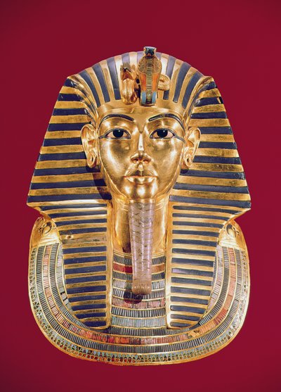 Begravelsesmasken til Tutankhamon (ca. 1370-1352 f.Kr.) ca. 1336-1327 f.Kr., New Kingdom (gull innlagt med halvedelstener) av Egyptian 18th Dynasty