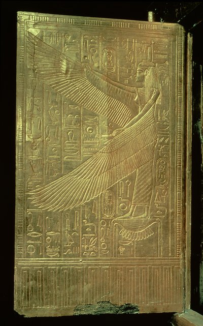 Gudinnen Isis fra innsiden av en av de doble dørene til den tredje forgylte helligdommen, fra graven til Tutankhamon (ca. 1370-52 f.Kr.) New Kingdom (forgylt tre) av Egyptian 18th Dynasty