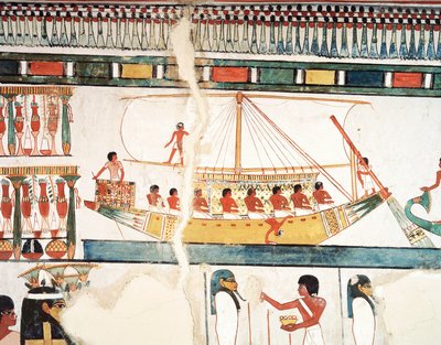 Solskipet, detalj av pilegrimsreisen til Abydos, freskomaleri, nordvegg, lang spisesal, Theban Tomb TT69, Sheikh Abd el-Qurna, Theben (Unescos verdensarvliste av Egyptian 18th Dynasty