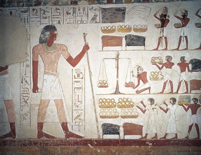 Veiingen av kobber, freskomaleri, Userhats grav, lærer og skriver under Amenhotep IIs regjeringstid, også kjent som grav TT56, Sheikh Abd el-Qurna, Theben (Unescos verdensarvliste av Egyptian 18th Dynasty