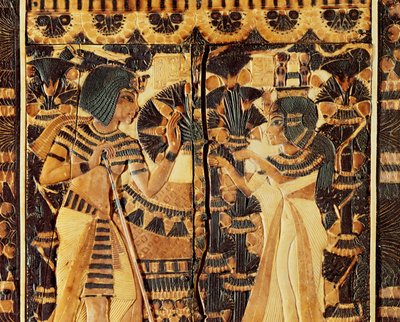 Topppanel fra en kiste, fra Tutankhamons grav, New Kingdom (tre, bronse, elfenben og farget glasur) av Egyptian 18th Dynasty
