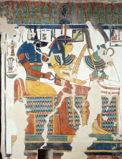 Anubis, Osiris og Nefertari, fra det andre kammeret i graven til Nefertari, detalj (fresco) av Egyptian 19th Dynasty