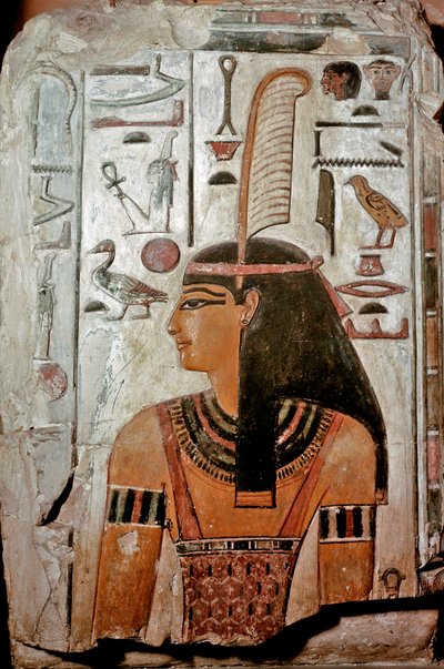 Art of Egypt: Tomb of Sethi I (KV 17). Maat, gudinnen for sannhet og rettferdighet og hieroglyfer av Egyptian 19th Dynasty