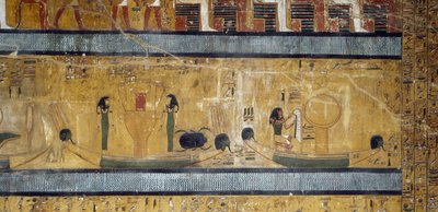 Båter med søstre, gudinner og skarabee, gud med strutsefjær og måne på boks, freskomaleri fra store Hypostyle Hall of Tomb of Seti I, Valley of Kings, Luxor, Theben (Unesco Unesco av Egyptian 19th Dynasty