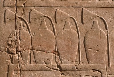 Detalj av et relieff som viser krukker og lotusblomster (kalkstein) av Egyptian 19th Dynasty