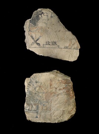 Kalksteinsostraca med humoristiske skisser i rødt og svart blekk (kalkstein malt med svart og rødt blekk) av Egyptian 19th Dynasty