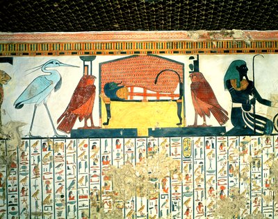 Mamma på en begravelsesseng med forskjellige guddommeligheter, fra graven til Nefertari, New rike (veggmaleri) av Egyptian 19th Dynasty