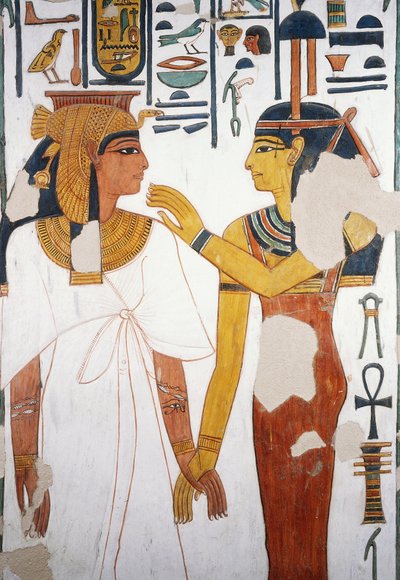 Nefertari møter gudinnen Isis, freskomaleri, nordvendt fasade til den fjerde søylen, gravkammer, Nefertaris grav (QV66), Queens Valley, Theben (Unescos verdensarvliste av Egyptian 19th Dynasty