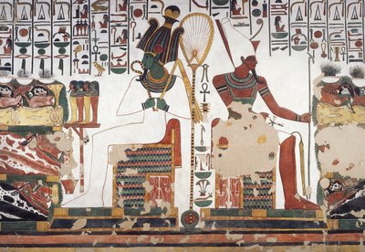 Osiris og Atum, fresko, østvegg, østsidekammer, Tomb of Nefertari (QV66), Queens of Valley, Thebe (Unesco World Heritage List av Egyptian 19th Dynasty