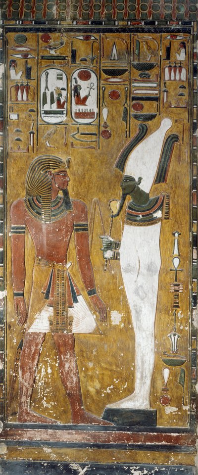 Osiris og Seti I, detalj fra fresker i gravkammeret til Seti I-graven, Valley of Kings, Luxor, Theben (Unescos verdensarvliste av Egyptian 19th Dynasty