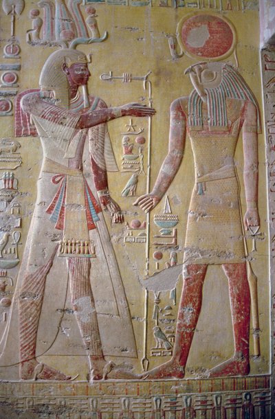 Relieff som viser Merenptah (1236-1223 f.Kr.) ble møtt av Re-Herakhty, fra graven til Merenptah, New Kingdom, ca. 1297-1185 f.Kr. (malt kalkstein) av Egyptian 19th Dynasty