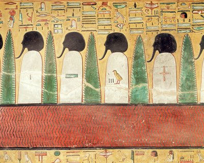 Relieff som viser svarthodede guder i underverdenen, fra graven til Seti I (r.1294-1279 f.Kr.) New Kingdom (malt kalkstein) av Egyptian 19th Dynasty