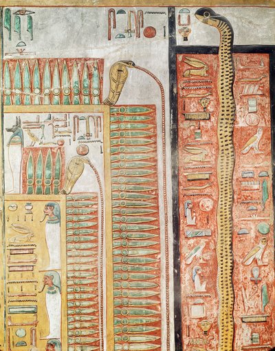 Relieff som viser stien som de døde må krysse til livet etter døden, fra graven til Seti I (ca. 1294-1279 f.Kr.) New Kingdom (malt kalkstein) av Egyptian 19th Dynasty