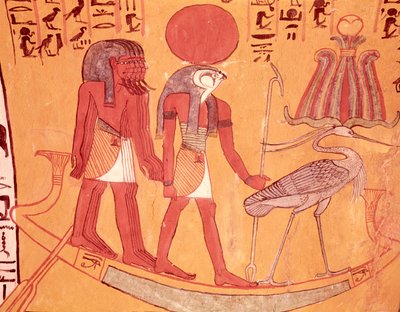 Solbark med Re-Horakhty, benu-fuglen og fire andre guddommer, fra graven til Sennedjem, The Workers Village, New Kingdom (veggmaleri) av Egyptian 19th Dynasty