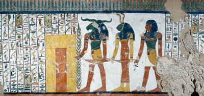 De tre slektene som vokter den andre porten til kongeriket Osiris, Book of the Dead, kapittel 144, detaljer fra freskene i gravkammeret til Nefertari, Valley of Queens, Luxor, Theben. Egyptisk sivilisasjon, New Kingdom, Dynasty XIX. av Egyptian 19th Dynasty