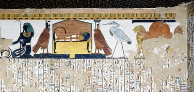 Øvre register, løver med symbol på Atum, gud Bennu, symbol på sjelen til Ra, mumie fra Nefertari med to falker, og genialiteten til Nilen, nedre register, kapittel 17 i Book of Dead, freskomaleri, Nefertaris grav, Queens Valley, Theben. Nytt rike, Dynasti  av Egyptian 19th Dynasty