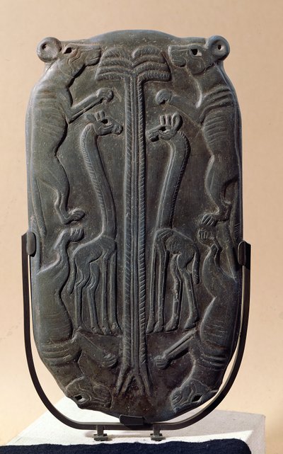 Palett som viser fire hunder og to sjiraffer med et palmetre, Thinite Period (skifer) av Egyptian 1st Dynasty