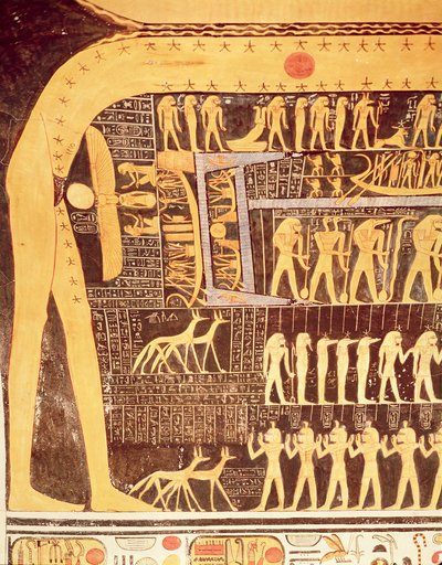Detalj fra Dagens bok fra taket i gravkammeret til graven til Ramesses VI (r.1143-1136 f.Kr.) New Kingdom (veggmaleri) av Egyptian 20th Dynasty