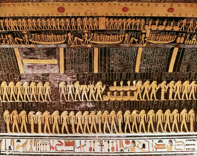 Detalj fra Dagens bok fra taket i gravkammeret til graven til Ramesses VI (r.1143-1136 f.Kr.) New Kingdom (veggmaleri) av Egyptian 20th Dynasty