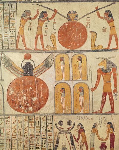 Detalj fra Jordens bok, fra gravkammeret til graven til Ramesses VI (r.1143-1136 f.Kr.) New Kingdom (veggmaleri) av Egyptian 20th Dynasty