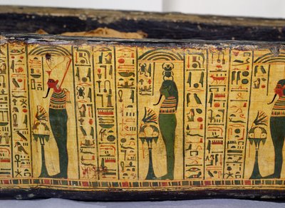 Detalj av den ytre kistebunnen til mumien til Nesyamun, muligens funnet i Deir El-Bahri, New Kingdom, ca. 1100 f.Kr. (malt tre) av Egyptian 20th Dynasty