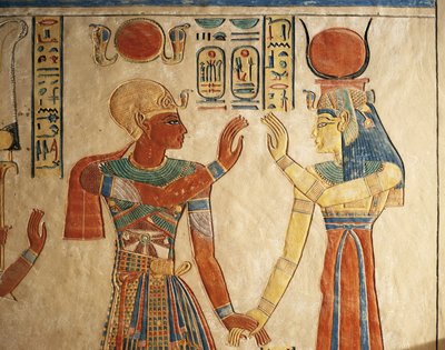Egypt, Luxor, antikkens Theben, Queens-dalen, Amonherkhopeshafs grav, malt relieff som viser farao Ramses III foran Isis av Egyptian 20th Dynasty