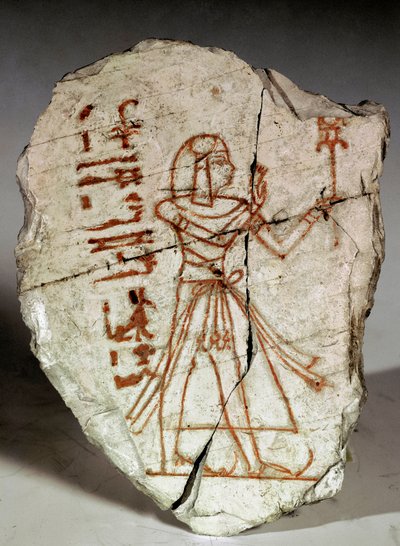 Egyptisk antikvitet: ostrakon (eller ostracon) (flertall: ostraca eller ostraka) (keramikkskår brukt til notater, tegninger...) som representerer en prinsesse fra Ramessid-perioden (19.-20. dynasti). 1100 f.Kr. Torino, egyptisk museum - Det gamle Egypt: os av Egyptian 20th Dynasty