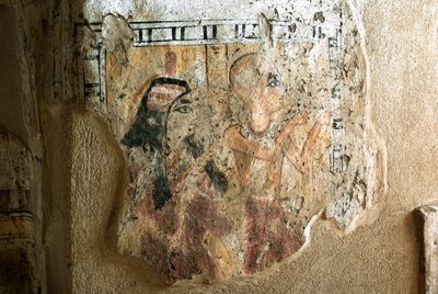 Egyptisk antikvitet: representasjon av Shuroy og hans kone i tilbedelse. Maleri av graven til Shuroy (TT13). 20. dynasti. 1190–1077 f.Kr. Nekropolen til Dra Abu el-Naga, Vestbredden av Luxor, Egypt av Egyptian 20th Dynasty