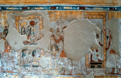 Egyptisk antikvitet: representasjon av Shuroy og hans kone som tilber guden Thot og gudinnen Ra. Maleri av graven til Shuroy av Egyptian 20th Dynasty