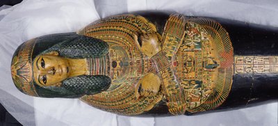 Innerlokket til mumien til Nesyamun, muligens funnet i Deir El-Bahri, New Kingdom, ca. 1100 f.Kr. (malt tre) (detalj av 308052) av Egyptian 20th Dynasty