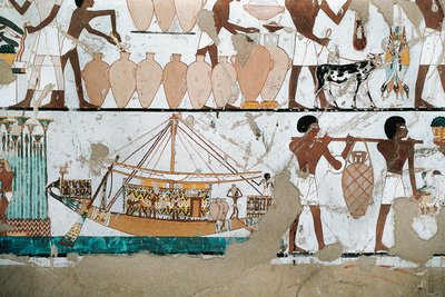 Veggmaleri som viser scenen for transport av vin på båt, fra New Kingdom av Egyptian 20th Dynasty