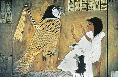 Veggmaleri av scene fra Book of the Dead, transformasjon til Golden Falcon av Egyptian 20th Dynasty