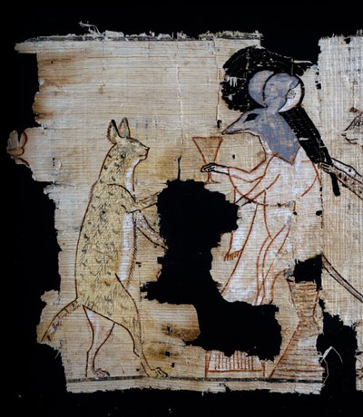 Papyrus som skildrer satirisk scene, ca 1100 f.Kr., datert fra regjeringen til Ramesses IX, Detalj, egyptisk sivilisasjon, New Kingdom, Dynasty XX av Egyptian 20th Dynasty