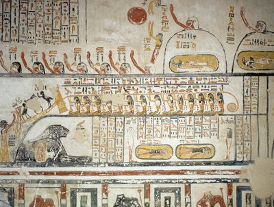Prosesjon etter solguden Ras himmelske navigasjon, Book of Earth, detalj fra fresker av gravkammeret til Ramesses VIs grav, Kongenes dal, Luxor, Theben (Unescos verdensarvliste av Egyptian 20th Dynasty
