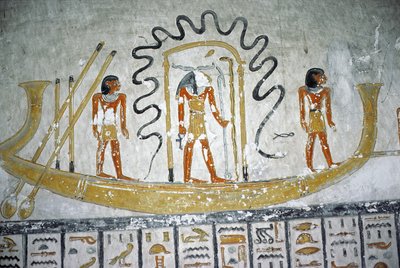 Re in the Night Boat, fra graven til Ramesses VI, New Kingdom (ca. 1145-1137 f.Kr.) (veggmaleri) av Egyptian 20th Dynasty
