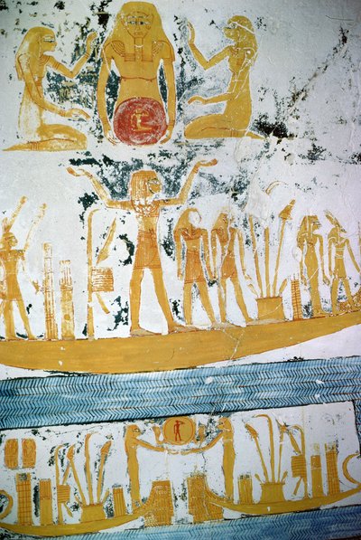 Re in the Night Boat, fra graven til Ramesses VI, New Kingdom (ca. 1145-1137 f.Kr.) (veggmaleri) av Egyptian 20th Dynasty