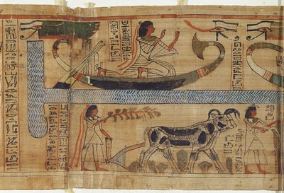 Detalj fra boken om de døde til presten Aha-Mer som viser en bark og en jordbruksscene, tredje mellomperiode (papyrus) av Egyptian 21st Dynasty