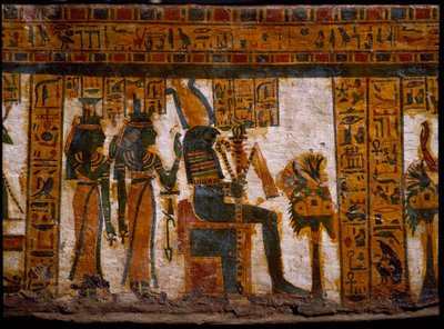 Egyptisk antikvitet: guddommene Isis og Nephtys som tilber Osiris. De har livets nøkler i form av et kors ansee (Ankh). Dekor av den antropoide sarkofagen til skriveren Butehamon, 21. dynasti (1085-935 f.Kr.). Museum of Egypt i Torino (Tori av Egyptian 21st Dynasty